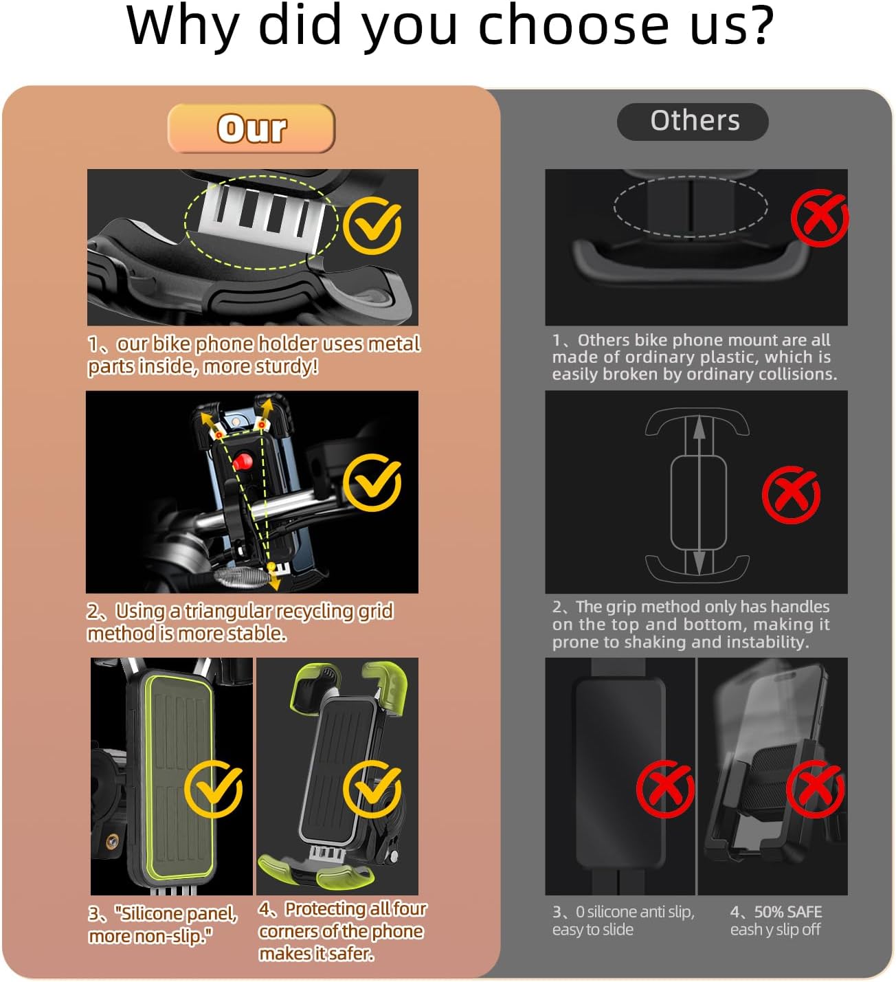 Bike Phone Holder Mount, [Super Stable Metal] Motorcycle Phone Mount with Security Lock, Bicycle Phone Holder Handlebar with Soft Cushion & Adjustable Clip Compatible with 4.7''-6.8'' Phone